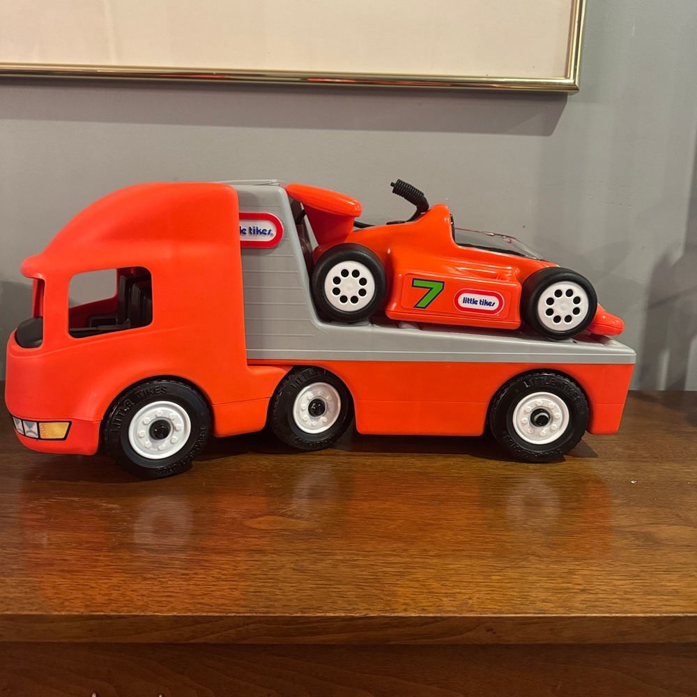 Little Tikes Racing Team Hauler Transport Truck and Race Car Set Orange Vintage - Picture 2 of 13
